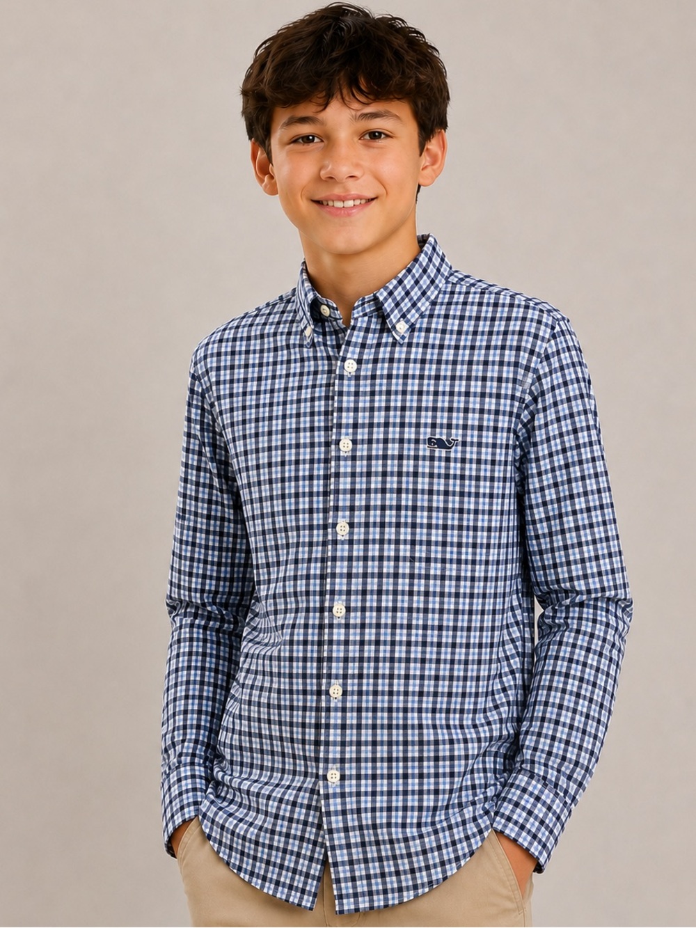Vineyard Vines Boys XL 18 Amelia Gingham Whale Shirt Blue Button Down